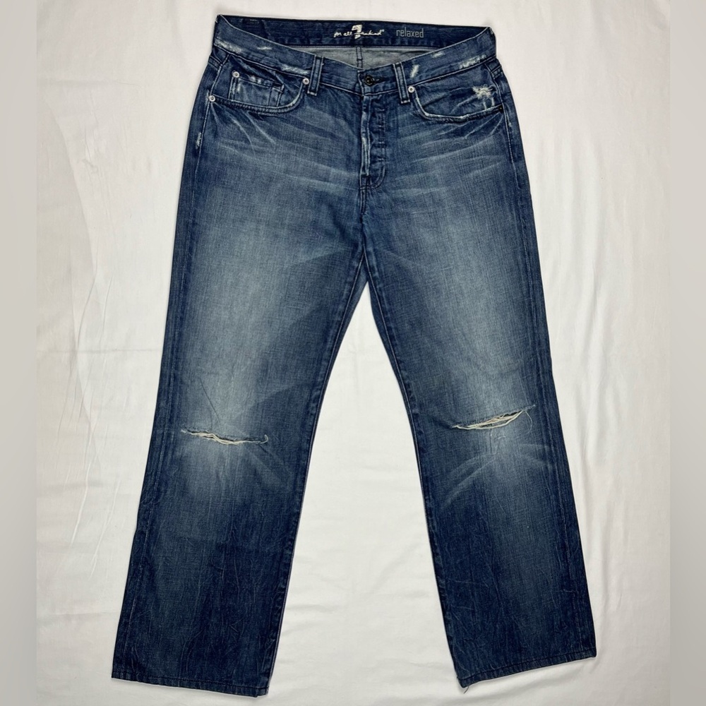 7 For All Mankind Mens Relaxed Fit Jeans 32 x 30 Ripped Knees Blue Denim A4